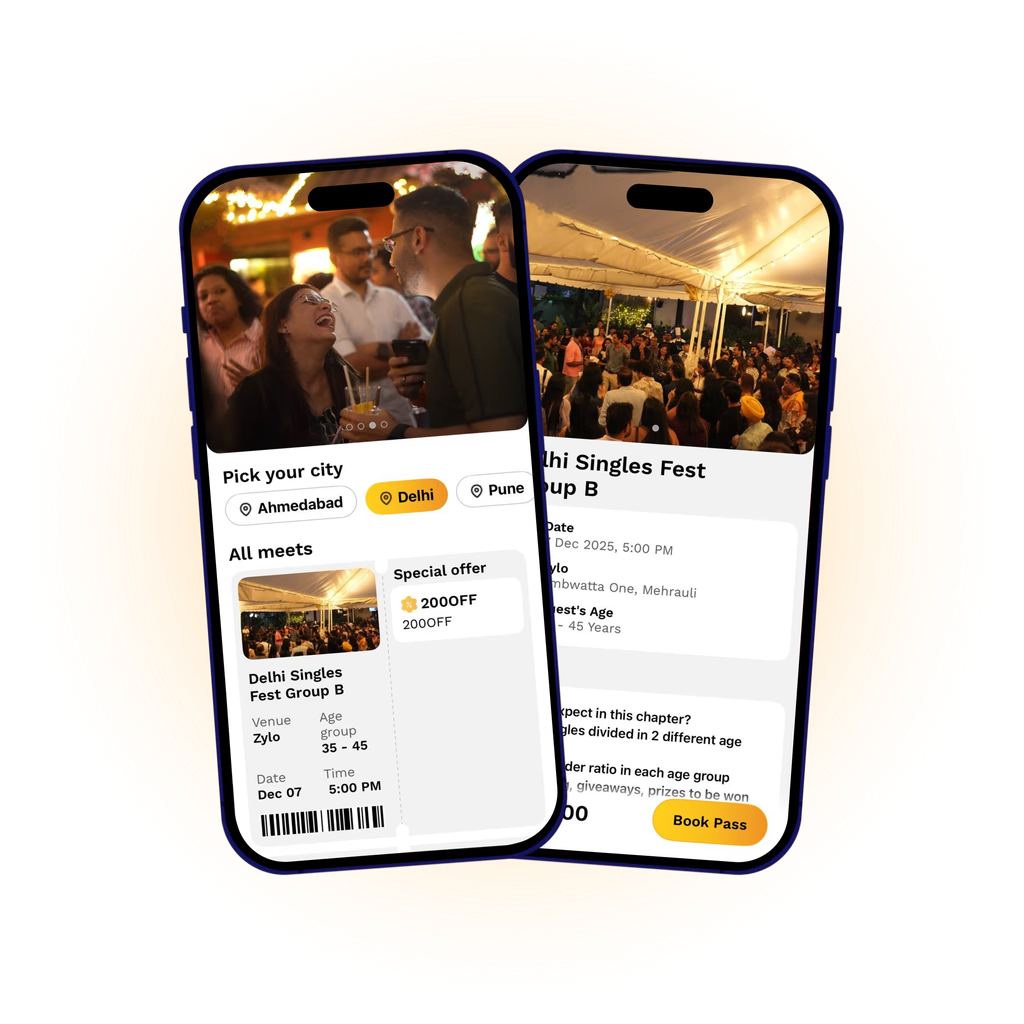 Let's Socialise app on iPhone — pick your city, browse chapters, book your seat